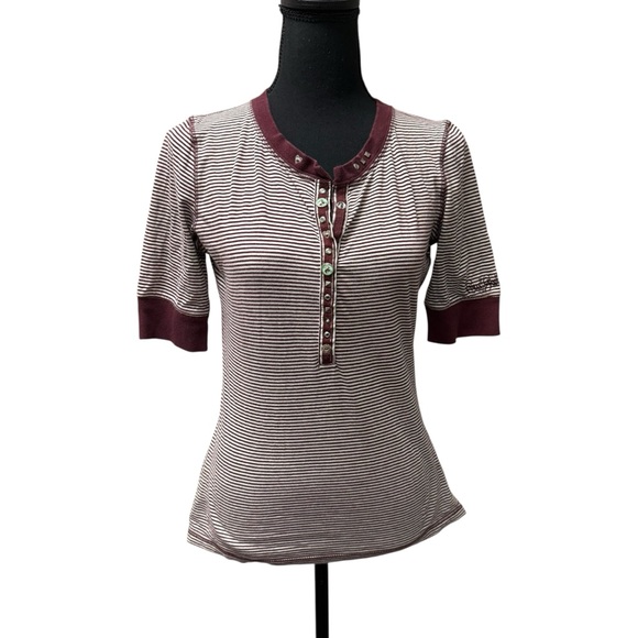 Cruel Girl Tops - Cruel Girl Striped Henley Studded Western Top Medium Burgundy Cream